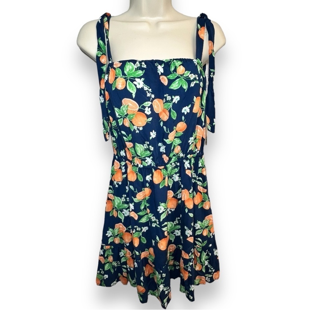 BeBop Juniors’ Square Neck Tie Sleeve Dress Navy/Orange Floral Size Medium